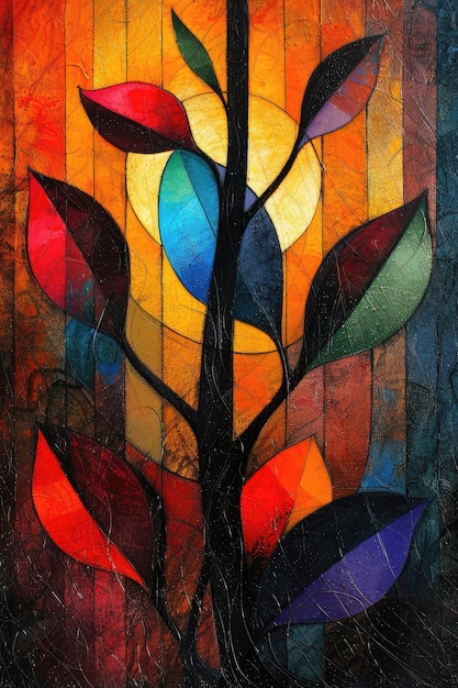 Un dipinto astratto strutturato che raffigura foglie colorate su uno sfondo radioso e caldo