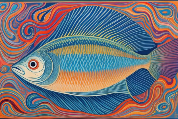 Un dipinto astratto surreale di un pesce i suoi colori e le sue forme si mescolano