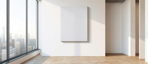 Un dipinto bianco vuoto appeso al muro in una stanza minimalista