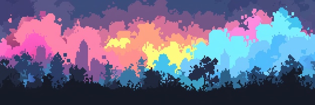 Un dipinto che raffigura colori vivaci nel cielo sopra un gruppo di alberi