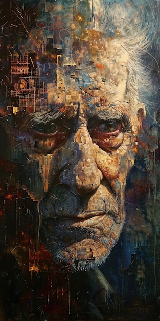 Un dipinto che raffigura un vecchio con molteplici facce che simboleggiano il passaggio del tempo e le fasi della vita