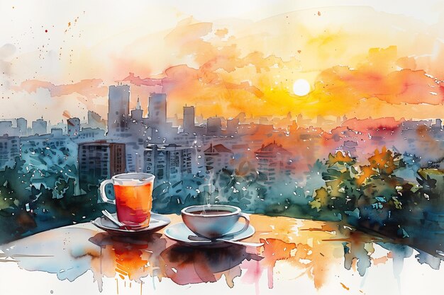 Un dipinto che raffigura una tazza di tè posta su un tavolo con una vista di una città sullo sfondo