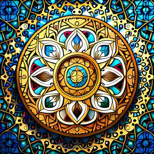 Un dipinto colorato che rappresenta un motivo circolare con un cerchio al centro.