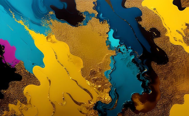 Un dipinto colorato con uno sfondo blu e giallo