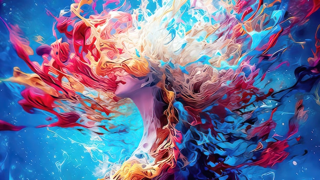 Un dipinto colorato della testa e dei capelli di una donna.