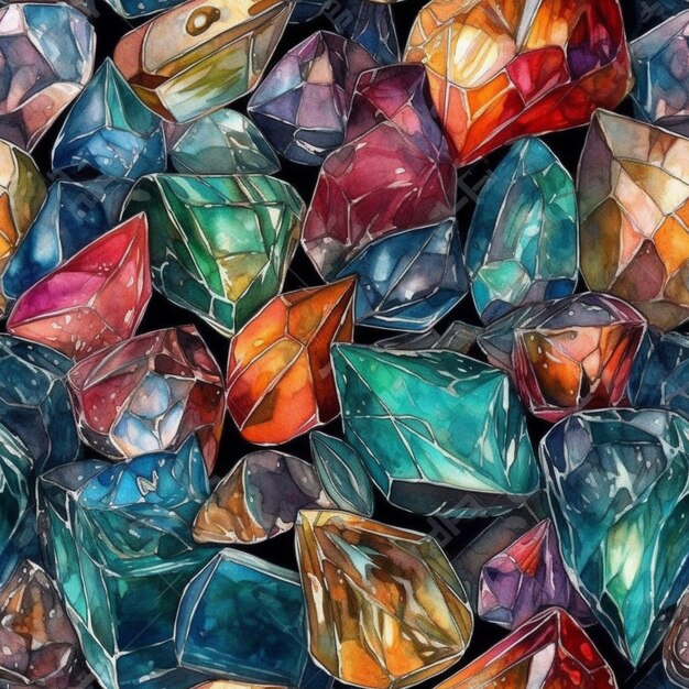 Un dipinto colorato di cristalli e gemme.