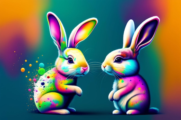 Un dipinto colorato di due conigli con le parole buona pasqua sul retro