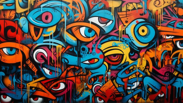 Un dipinto colorato di graffiti occhi sul lato di un edificio