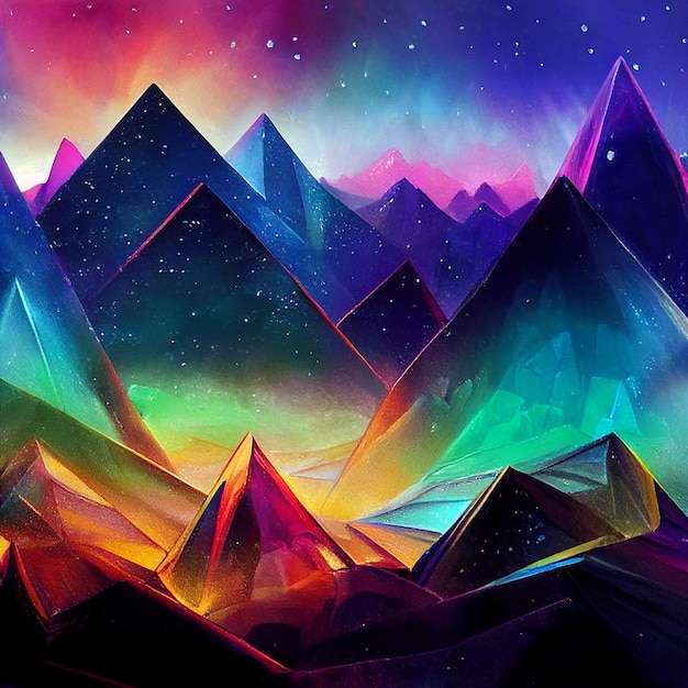 Un dipinto colorato di montagne con un arcobaleno sul fondo.