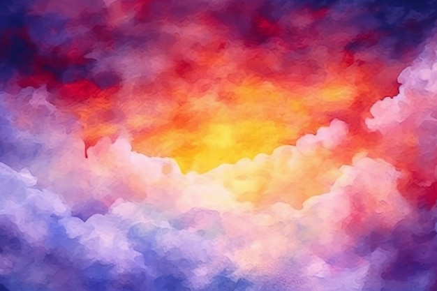 Un dipinto colorato di nuvole con un tramonto sullo sfondo.