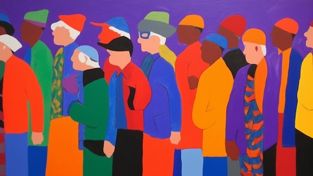 Un dipinto colorato di persone in mezzo alla folla.