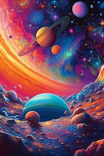 Un dipinto colorato di pianeti e dell'universo.