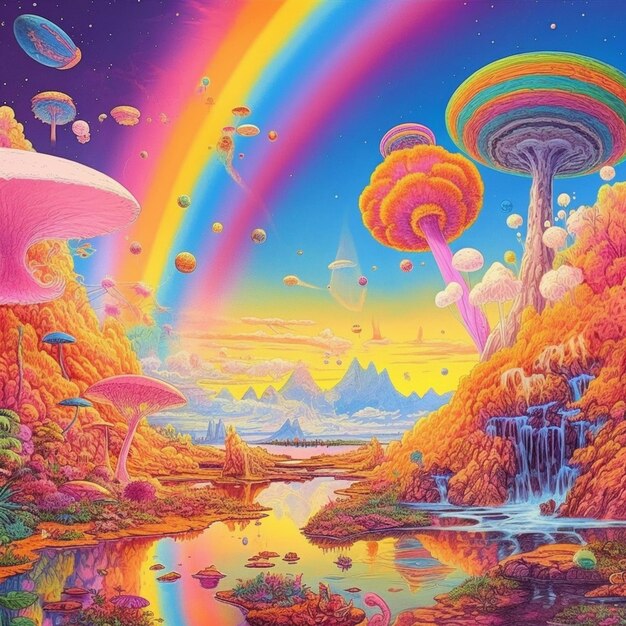 Un dipinto colorato di un arcobaleno con un arcobaleno e una cascata.