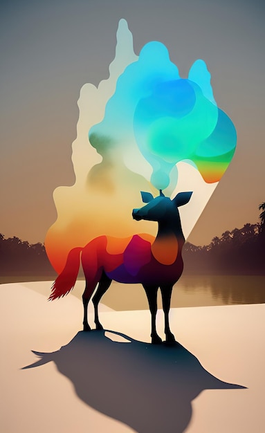 Un dipinto colorato di un cavallo e una donna.