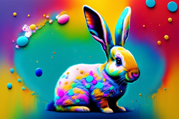 Un dipinto colorato di un coniglio con le parole pasqua sul davanti