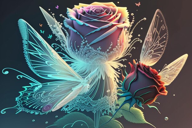 Un dipinto colorato di un fiore e una fata con le ali.