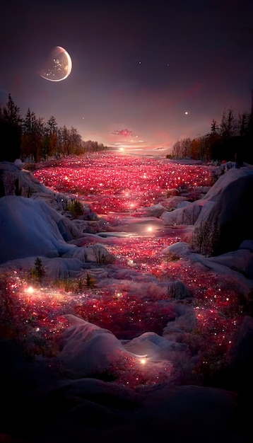 Un dipinto colorato di un fiume con un cielo rosso e stelle.