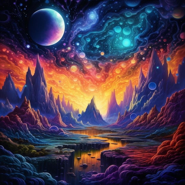 Un dipinto colorato di un fiume con un pianeta sullo sfondo.