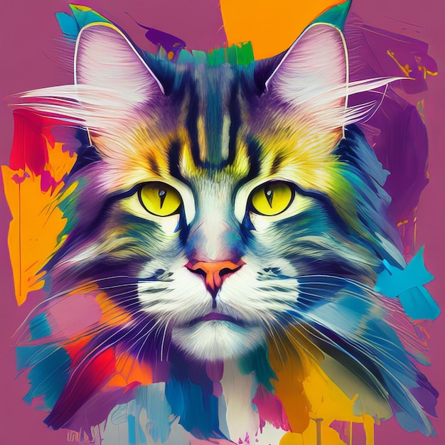 Un dipinto colorato di un gatto con gli occhi gialli e il naso nero