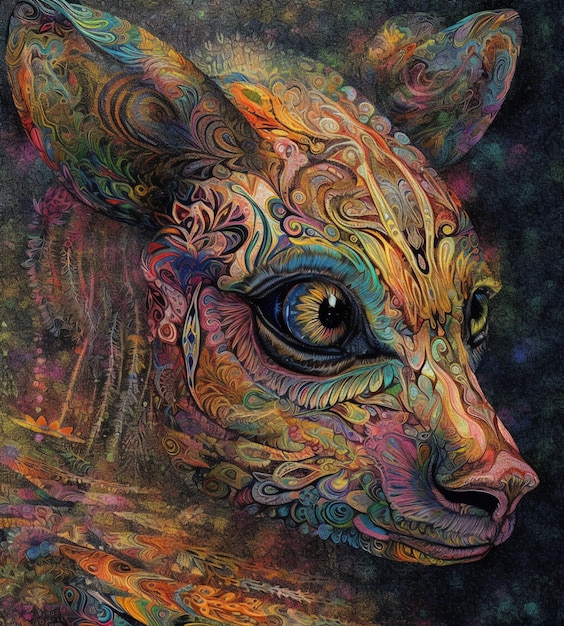 Un dipinto colorato di un gatto con un grande occhio e un grande occhio.