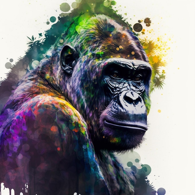 Un dipinto colorato di un gorilla con una faccia nera.