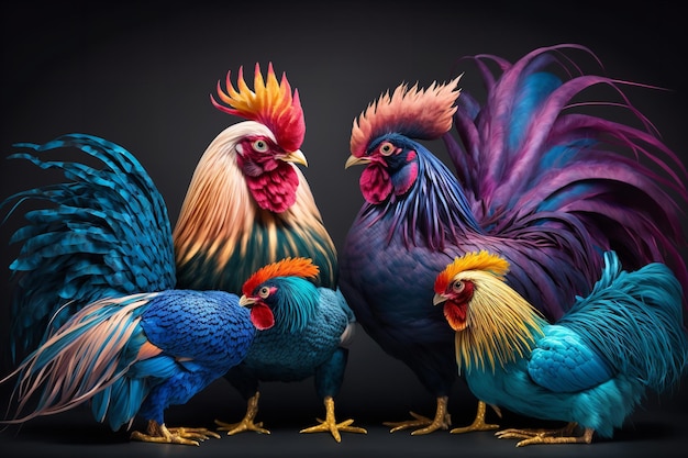 Un dipinto colorato di un gruppo di polli