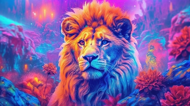 Un dipinto colorato di un leone con una criniera arcobaleno