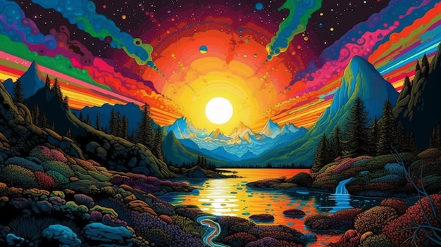 Un dipinto colorato di un paesaggio montano con un tramonto sullo sfondo.