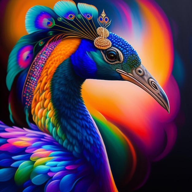 Un dipinto colorato di un pavone con una corona in testa.