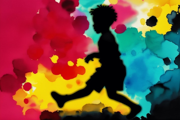 Un dipinto colorato di un ragazzo che corre davanti a uno sfondo colorato.