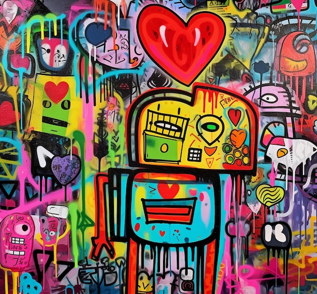 un dipinto colorato di un robot con un cuore su di esso
