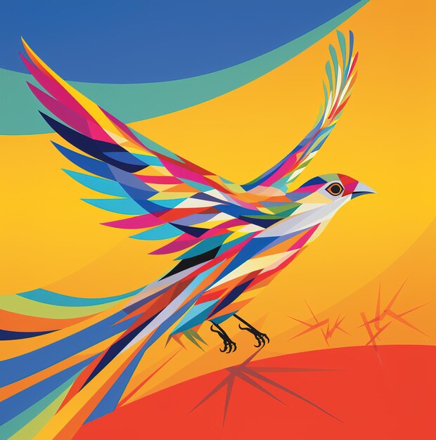 Un dipinto colorato di un uccello con una stella al centro