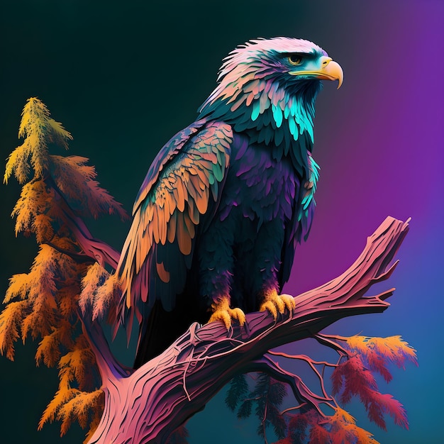 Un dipinto colorato di un uccello con uno sfondo nero e uno sfondo viola.