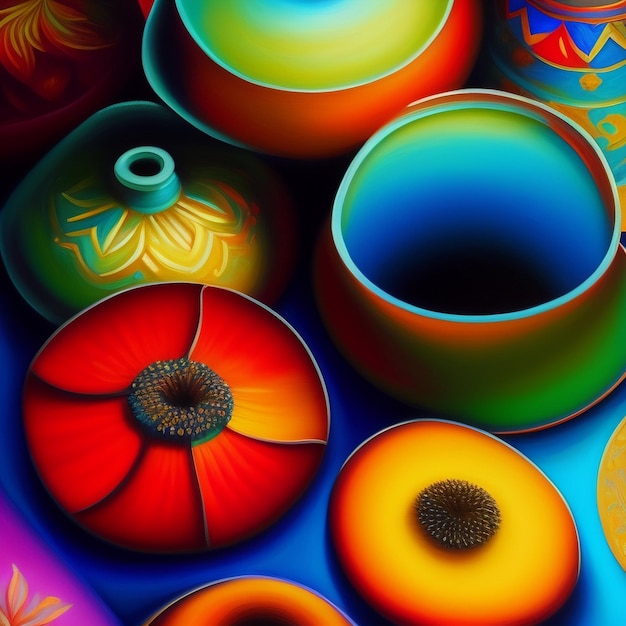 Un dipinto colorato di un vaso con sopra un fiore