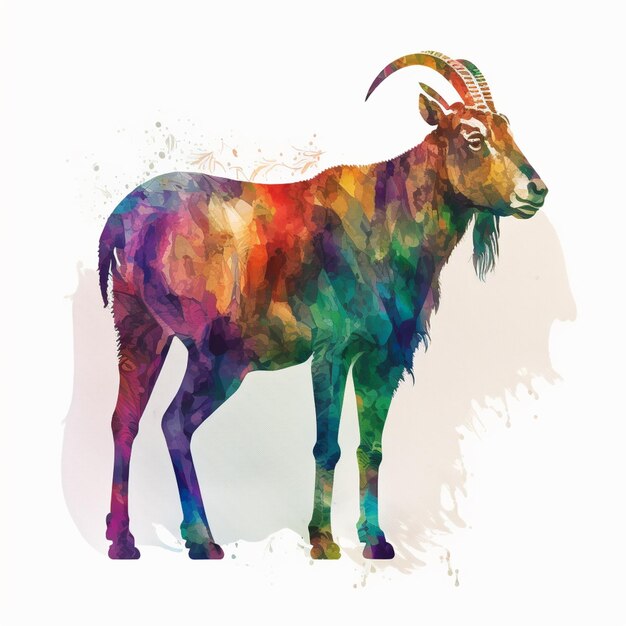 Un dipinto colorato di una capra con un lungo corno e un lungo corno.