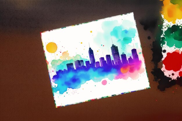 Un dipinto colorato di una città con il sole che splende su di essa