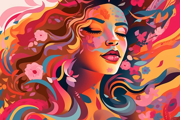 Un dipinto colorato di una donna con fiori sul viso.