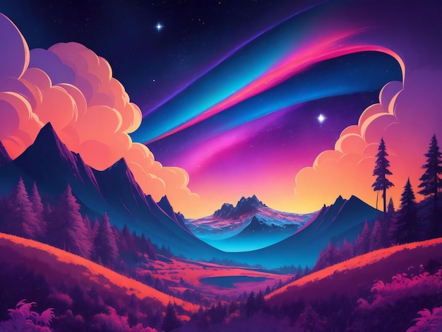 un dipinto colorato di una montagna e di un cielo
