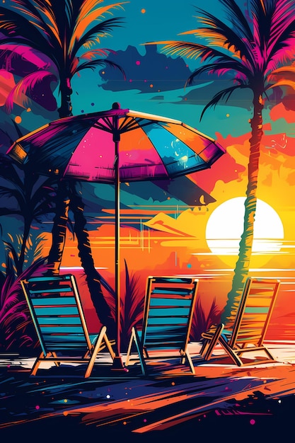 Un dipinto colorato di una sedia da spiaggia con un ombrello sullo sfondo