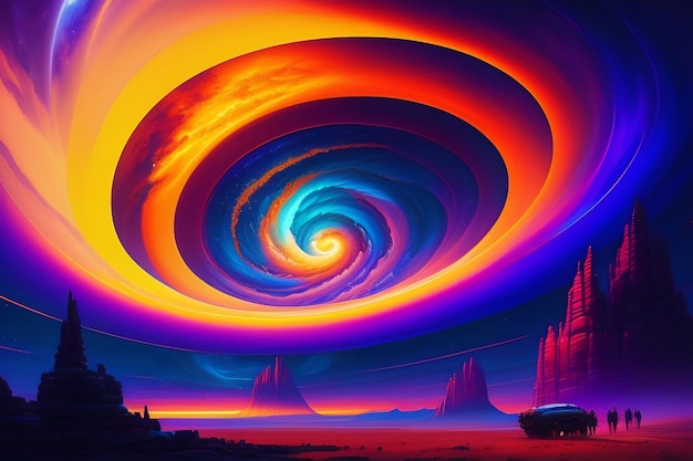 Un dipinto colorato di una spirale con uno sfondo di cielo