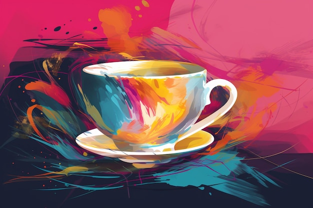 Un dipinto colorato di una tazza e un piattino con sopra la parola caffè.
