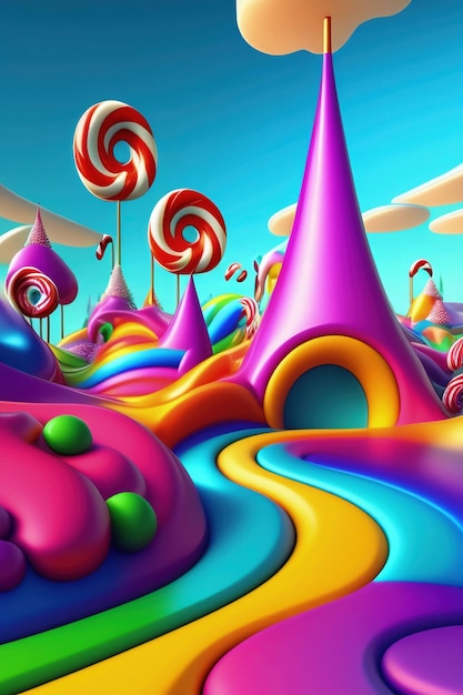 Un dipinto colorato di una terra di caramelle con uno sfondo arcobaleno in stile 3d