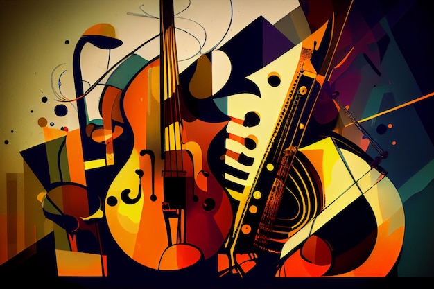 Un dipinto colorato di uno strumento musicale e uno strumento musicale.