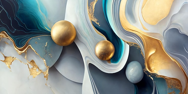 Un dipinto con colori oro e blu e palline d'oro.