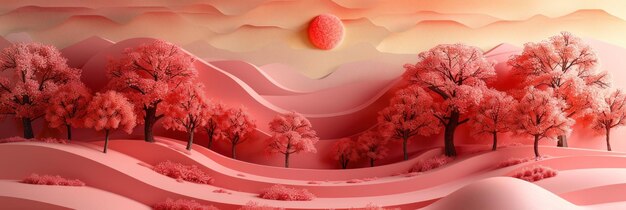 Un dipinto con un paesaggio a colori rosa con alberi prominenti