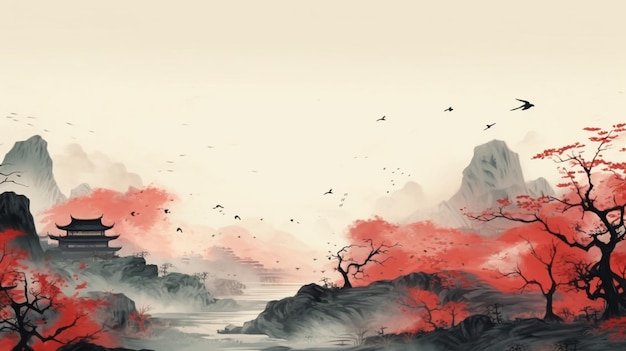 Un dipinto con un paesaggio asiatico e vari eroi Ai ha generato arte