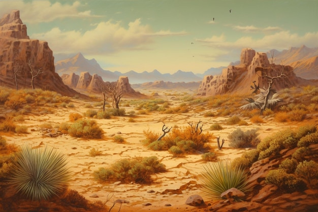 Un dipinto del paesaggio desertico con le montagne sullo sfondo.