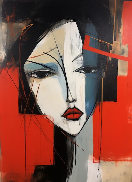 un dipinto del viso di una donna è mostrato in una cornice rossa e nera.
