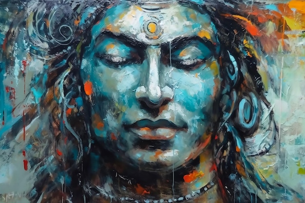 Un dipinto del volto di un uomo con gli occhi chiusi e la parola mahabharata sul lato sinistro.