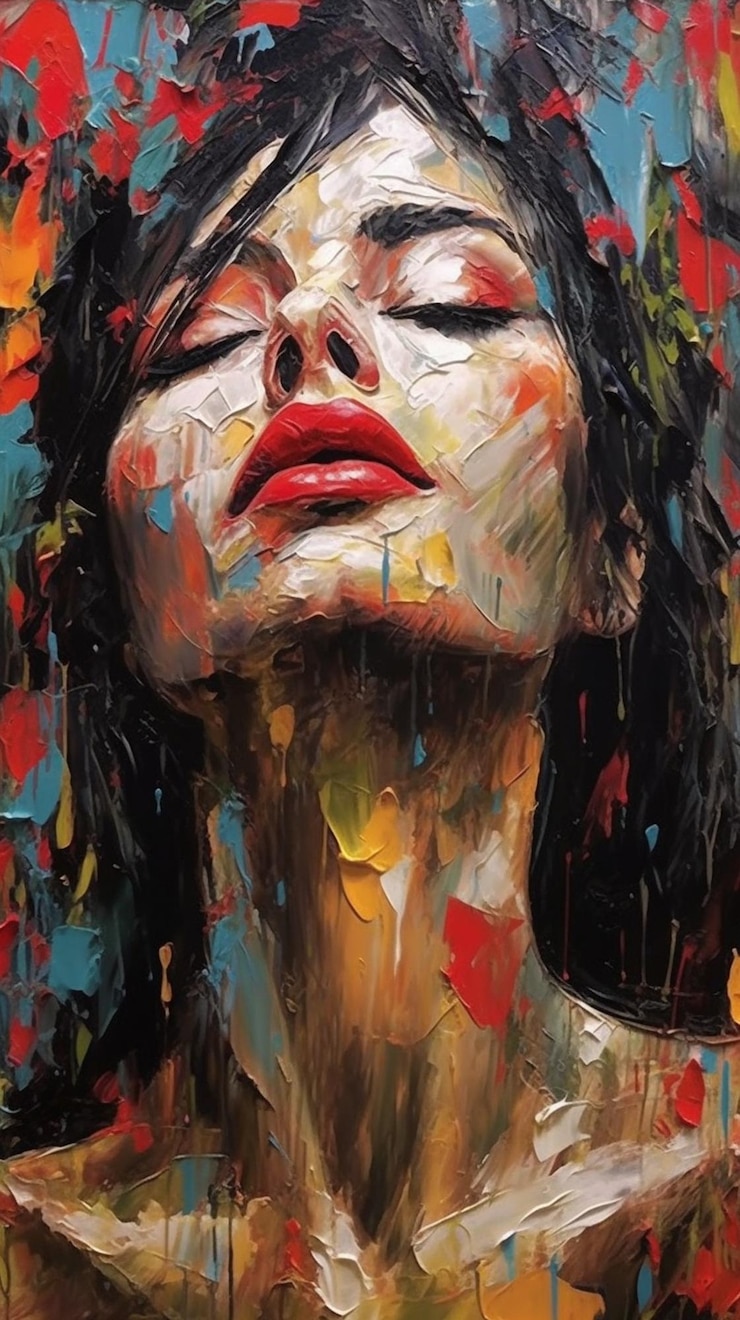 Un dipinto del volto di una donna con rossetto rosso.